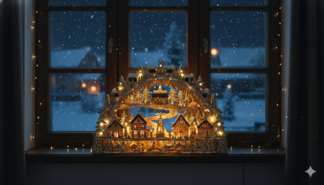 Großer Holz-Schwibbogen mit verschneiter Stadt-Szene, Miniaturfiguren und beleuchteter Pyramide – Laserholz, ca. 98 × 67,5 cm, LED-beleuchtet.“
