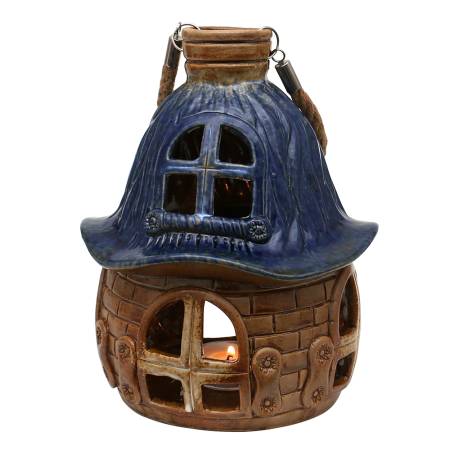 windlichterhaus keramik mit henkel blau glasiert
