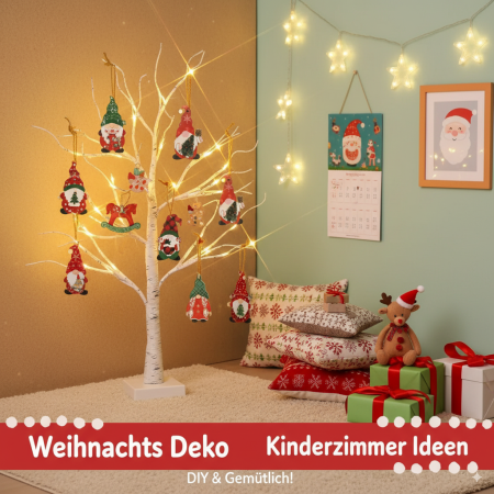 „LED-Birnbaum mit Wichteln als Weihnachtsdekoration im Kinderzimmer – warmes Licht, verspielte Figuren, stimmungsvolle Atmosphäre“