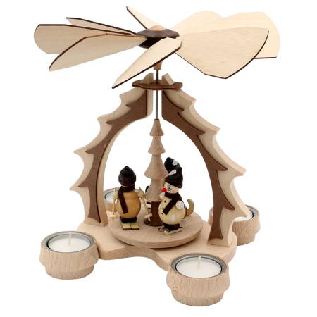 „Holz‑Weihnachtspyramide mit zwei Schneemannfiguren, natur/braun, Teelichtpyramide mit drehenden Flügeln“