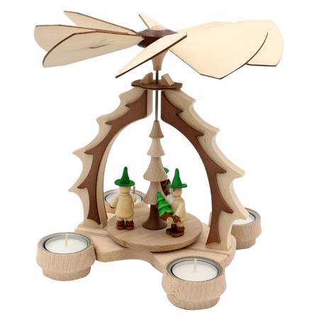 „Weihnachtspyramide aus Holz mit zwei Waldwichteln, naturfarben, drehbar durch Teelichtwärme“