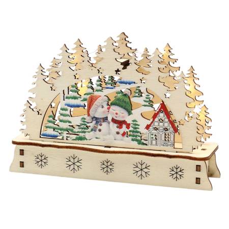 „Mini-Schwibbogen aus Laserholz mit Schneemann und Kindern vor einem geschmückten Weihnachtsbaum – einseitig farbig bemalt, LED-beleuchtet“