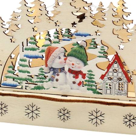 „Mini-Schwibbogen mit zwei Schneemännern vor einem verschneiten Haus, umgeben von Tannen – Holzdeko mit LED, einseitig farbig“