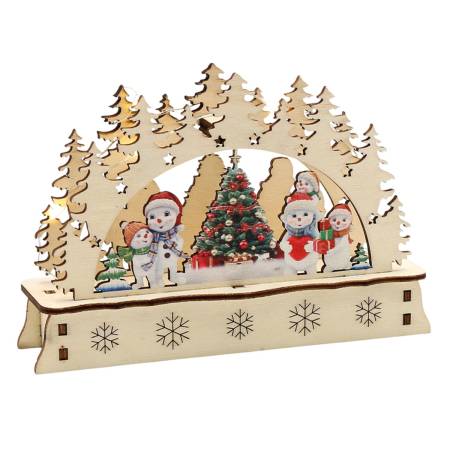 „Mini-Schwibbogen mit zwei Schneemännern vor einem verschneiten Haus, umgeben von Tannen – Holzdeko mit LED, einseitig farbig“