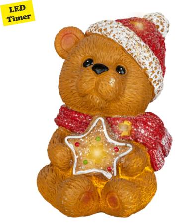 „LED-Teddybär mit roter Mütze und Stern – festliche Dekofigur aus Polyresin mit Timerfunktion“