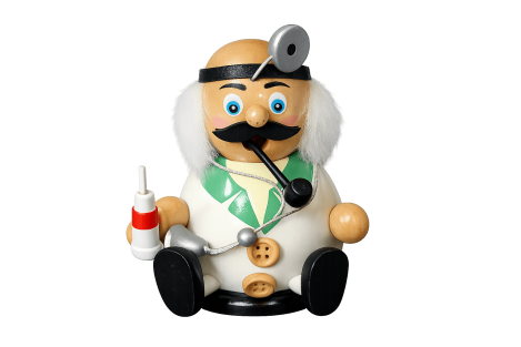 Räucherfigur Arzt auf Holzsockel mit humorvollem Gesichtsausdruck