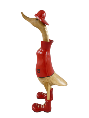 Die lustige Feuwehr-Ente aus Teakholz, 50cm hoch, eine Laufente wie keine andere.
