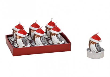 farbiges teelichte 6er set weihnachtseule mit mütze