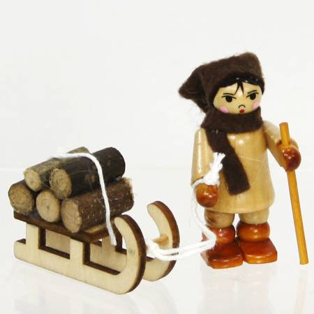 Holz Miniaturen Winterkinder "Waldfrau mit Schlitten & Holz