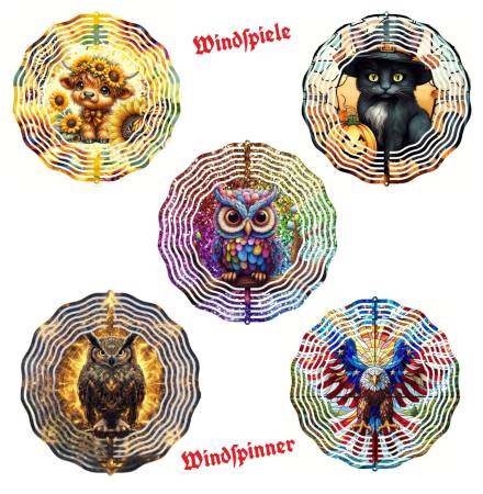 verschiedene Metall-Windspinner mit detailreicher Gestaltung, die durch ihre fließenden Bewegungen im Wind faszinieren. Dank der praktischen Aufhängung können sie an Bäumen, Balkongeländern oder Haken befestigt werden. Ideal als stilvolle Gartendeko und e