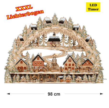 XXXL Großer Holz-Schwibbogen mit verschneiter Stadt-Szene, Miniaturfiguren und beleuchteter Pyramide – Laserholz, ca. 98 × 67,5 cm, LED-beleuchtet.
