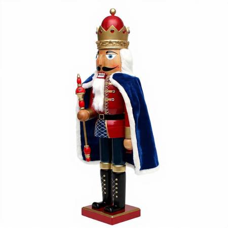 „Holz‑Nussknacker König mit rotem Mantel, blauem Umhang und goldenen Details auf rotem Sockel“