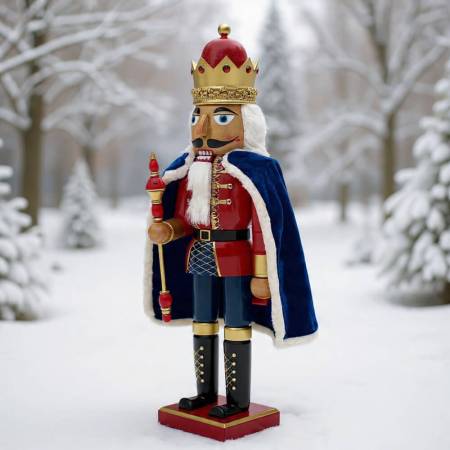 „XXL Nussknacker König mit blauem Umhang und Zepter in winterlicher Schneelandschaft“