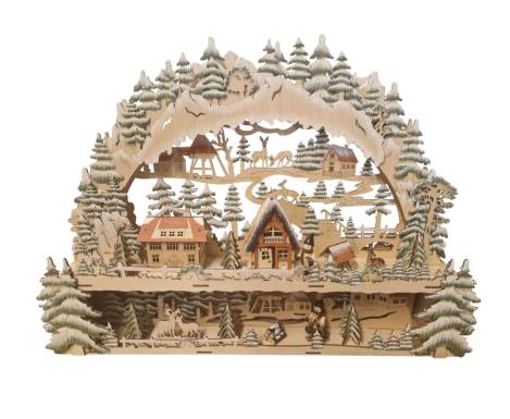 Schwibbogen Lichterbogen „Winterwald“ mit beleuchtetem Sockel