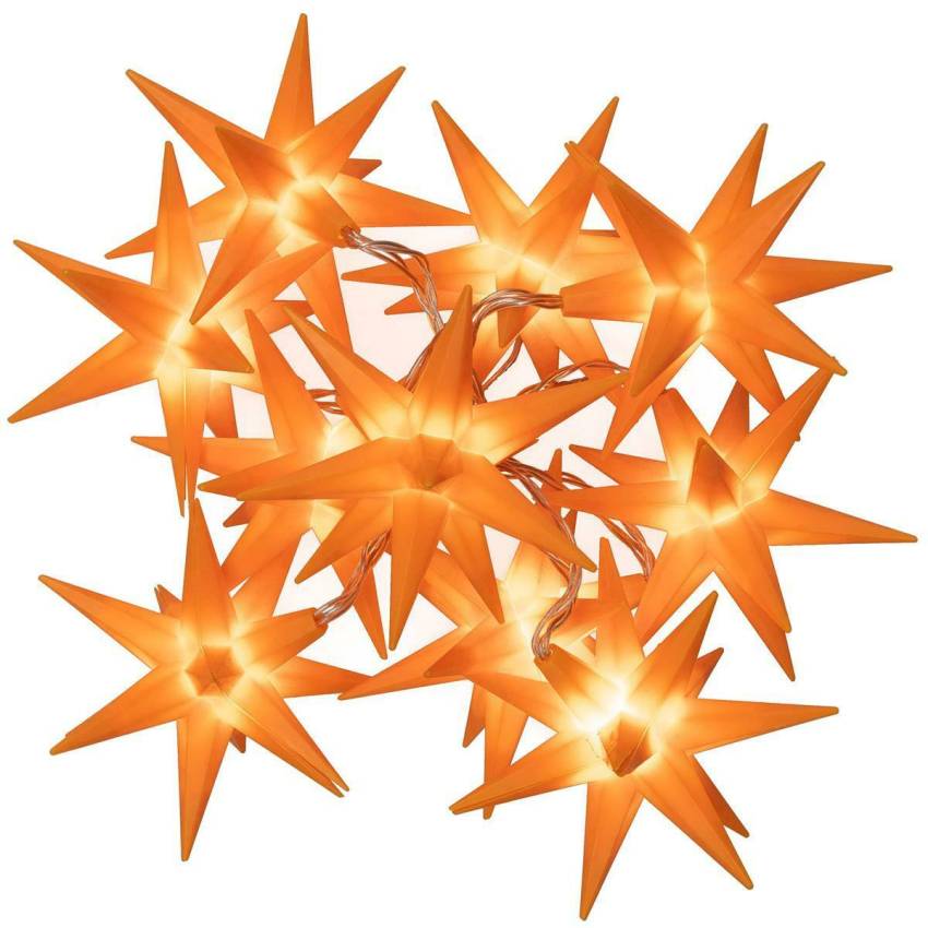 Sternen-Kette, Leucht-Sterne, Party-Deko, Deko-Licht, Sternen-LED-Lichterkette, Weihnachtsdeko, Weihnachtssterne, Leucht-Deko: 10 LED orange, Trafo IP44, Timer, transparentes Kabel, Zuleitung: 5 m, Gesamtlänge: 6,35 m, Sternendurchmesser: 12 cm