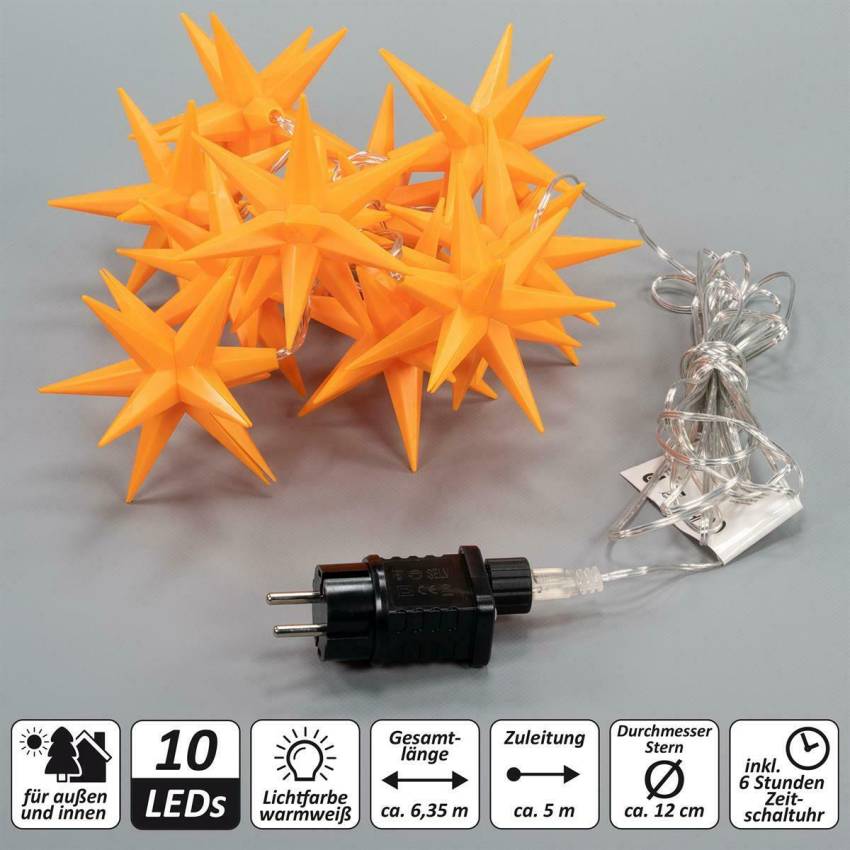Sternen-Kette, Leucht-Sterne, Party-Deko, Deko-Licht, Sternen-LED-Lichterkette, Weihnachtsdeko, Weihnachtssterne, Leucht-Deko: 10 LED orange, Trafo IP44, Timer, transparentes Kabel, Zuleitung: 5 m, Gesamtlänge: 6,35 m, Sternendurchmesser: 12 cm