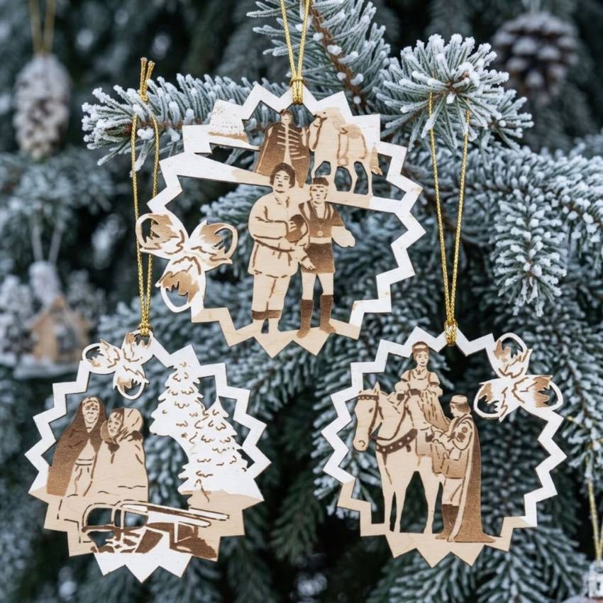 Ein handgefertigter Holzanhangern mit Raureifeffekt für den Weihnachtsbaum aus dem Erzgebirge, inspiriert von dem Märchen 'Drei Haselnüsse für Aschenbrödel', mit drei verschiedenen Motiven und maßgeblicher Größe 8 x 8,5 x 0,3 cm.