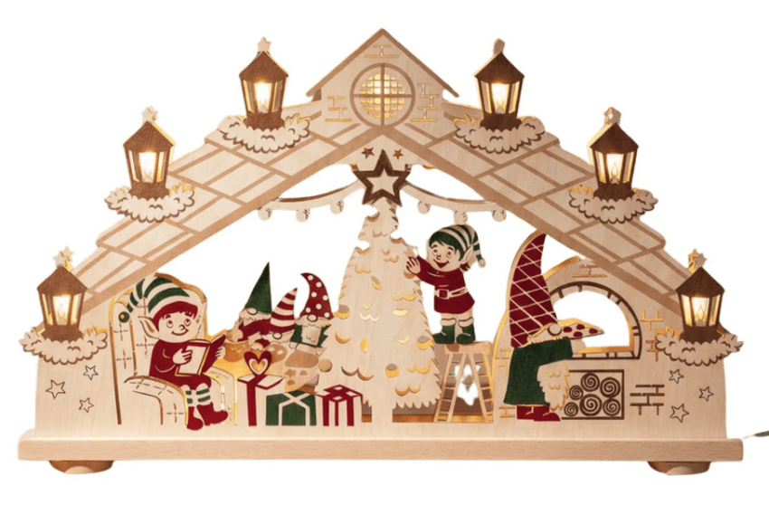 LED Schwibbogen „Wichtel- und Elfenland“, farbig und beidseitig gestaltet, 69 cm breit.