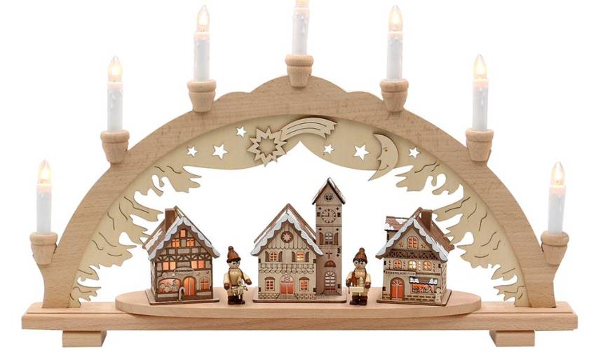 3d Schwibbogen mit winterfiguren innenbeleuchtet verschneit