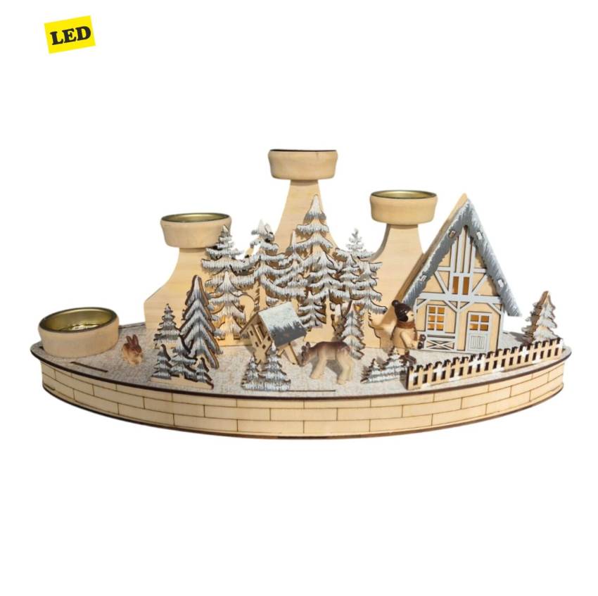 Ein farbenfroher Adventsleuchter in liebevoller Holzarbeit mit Teelichthalter und LED-Beleuchtung, um die Weihnachtsstimmung zu genießen.