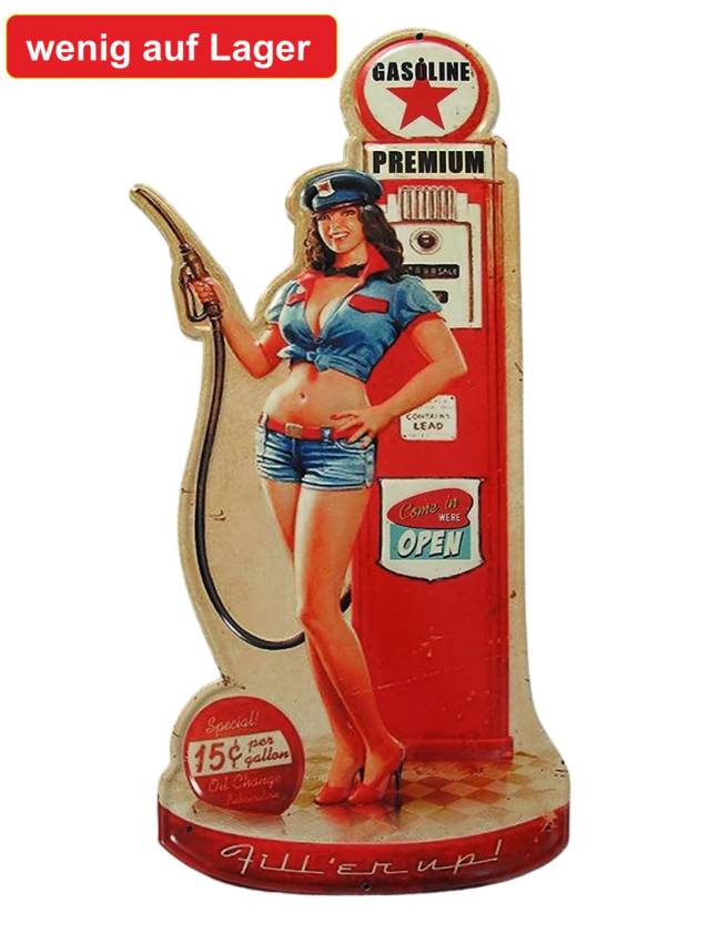 Blechschild Gas Pin Up Girl Auto Werkstatt Tankstelle Zapfsäule