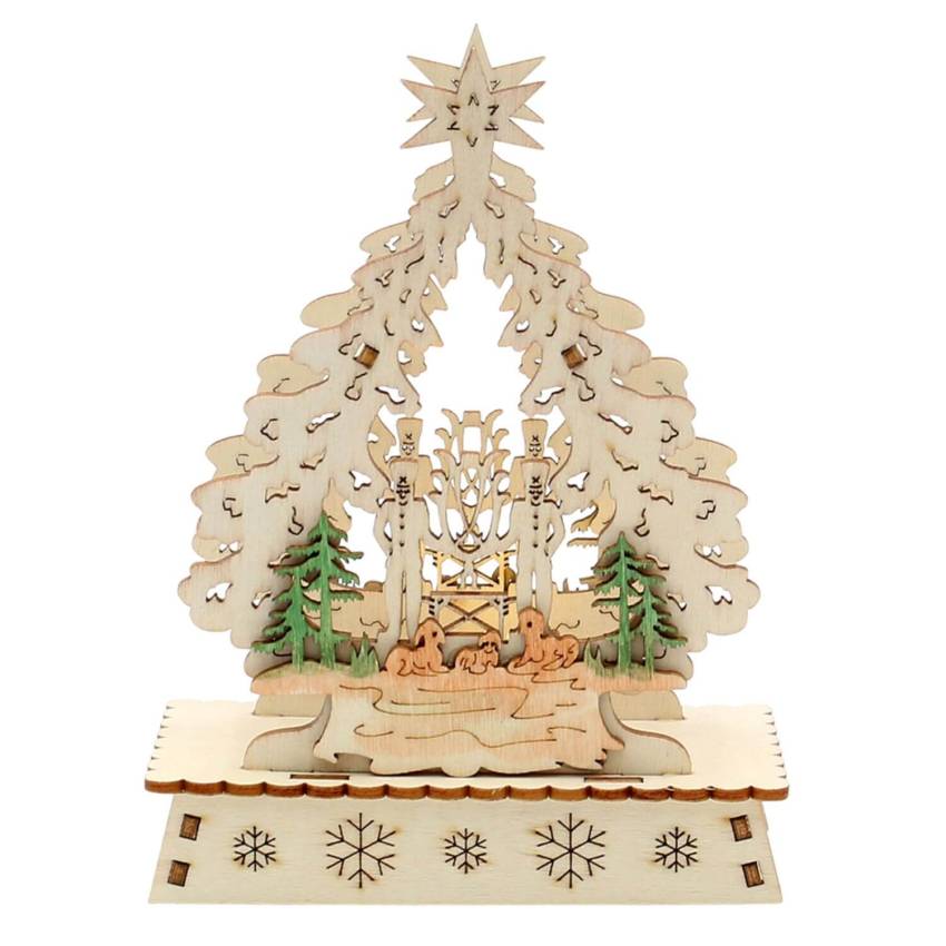 Ein wunderschöner Mini-Schwibbogen "Weihnachtsbaum" aus Laserholz, 6-fach sortiert, beleuchtet mit LED und mit dem charmanten Motiv "Rehe, Schneemann, Kerzen, Glocke, Seiffen Kirche & Bergmann", perfekt für eine Geschenk-Weihnachtsfeier oder als Firmenges