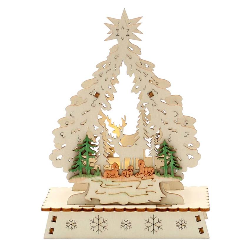 Ein wunderschöner Holz Mini-Schwibbogen "Weihnachtsbaum" in Laserholz-Optik, sortiert in 6 verschiedene Motive wie Rehe, Schneemann, Kerzen und mehr, beleuchtet mit LED-Licht, perfekt für eine weihnachtliche Geschenkidee oder als firmengeschenk zu weihnac