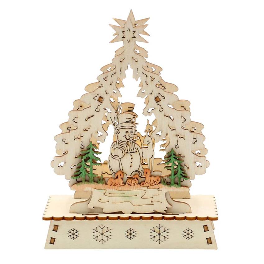 Ein Mini-Schwibbogen "Weihnachtsbaum" mit LED-Beleuchtung, sortiert in 6 Farben: Rehe, Schneemann, Kerzen, Glocke, Seiffen Kirche und Bergmann, maßgeblich ca. 11 x 5 x 14,5 cm, ein perfektes Geschenk für die Weihnachtsfeier oder ein firmenes Geschenk zu W