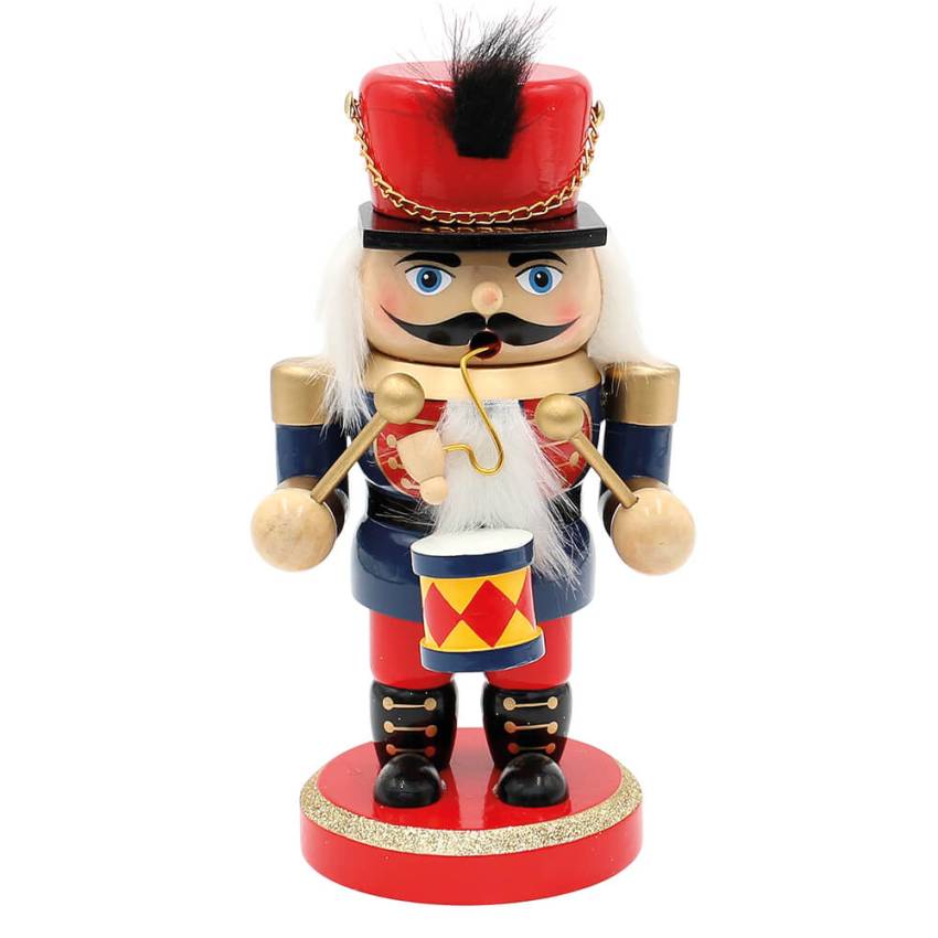 „Dekorativer Holz-Nussknacker mit Trommel und Räucherfunktion, bemalt in Rot, Blau und Gold.“