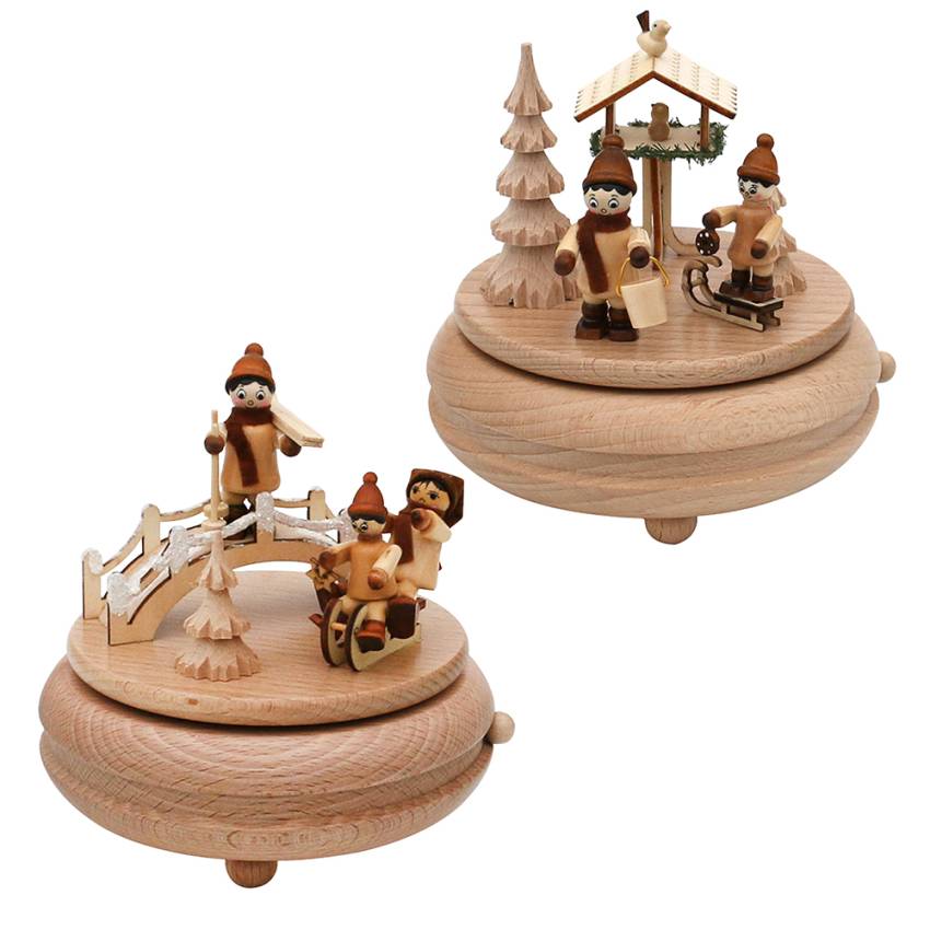 spieldose mit handgedrechselten farbigen winterkinderfiguren holzspieldose