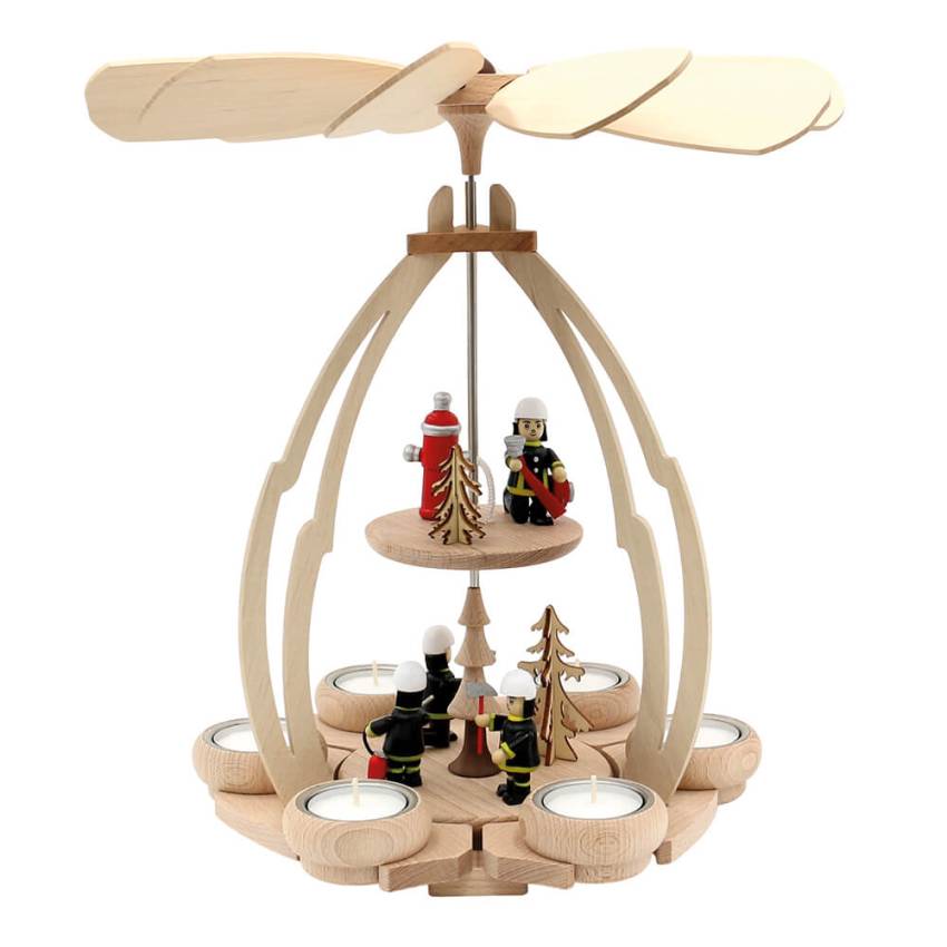 Weihnachtspyramide Feuerwehrmotiv mit drehendem Flügelrad und Teelichthaltern“