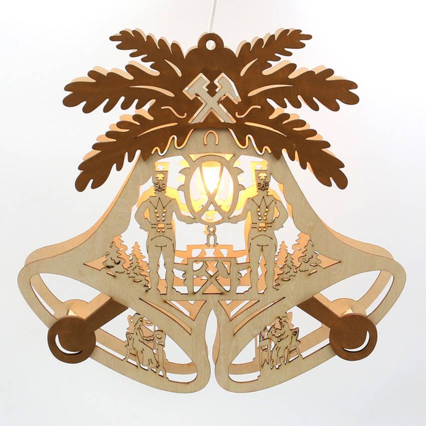 Beleuchtetes Holz Fensterbild Doppelglocke mit Bergmann Motiv und braunen Applikationen als traditionelle Weihnachtsdekoration