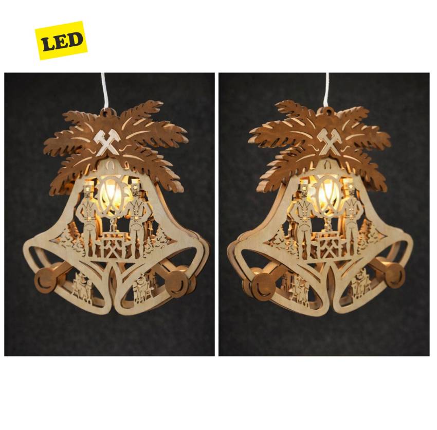 Holz Fensterbild mit Doppelglocke, Bergmann Figuren und LED Beleuchtung für Fenster oder Wand zur Weihnachtszeit