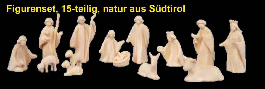 Krippenfiguren als 15-teiliges Set naturfarben Handgeschnitzt