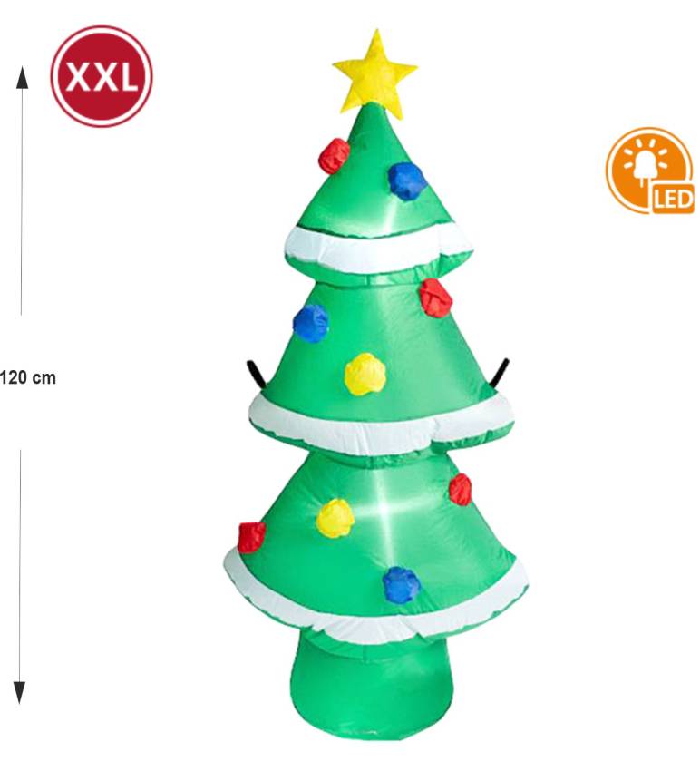 XXL LED-Tannenbaum aus grün-weißem Kunststoff mit bunten Ornamenten und gelbem Stern, 120 cm hoch, beleuchtet von innen, ideal für Außenbereiche.“