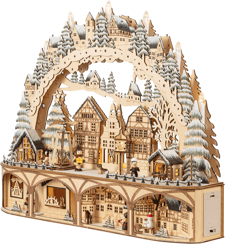 XL LED-Lichterbogen „Weihnachtsmarkt“ –mit Bewegung- filigrane Holzkunst mit Timerfunktion