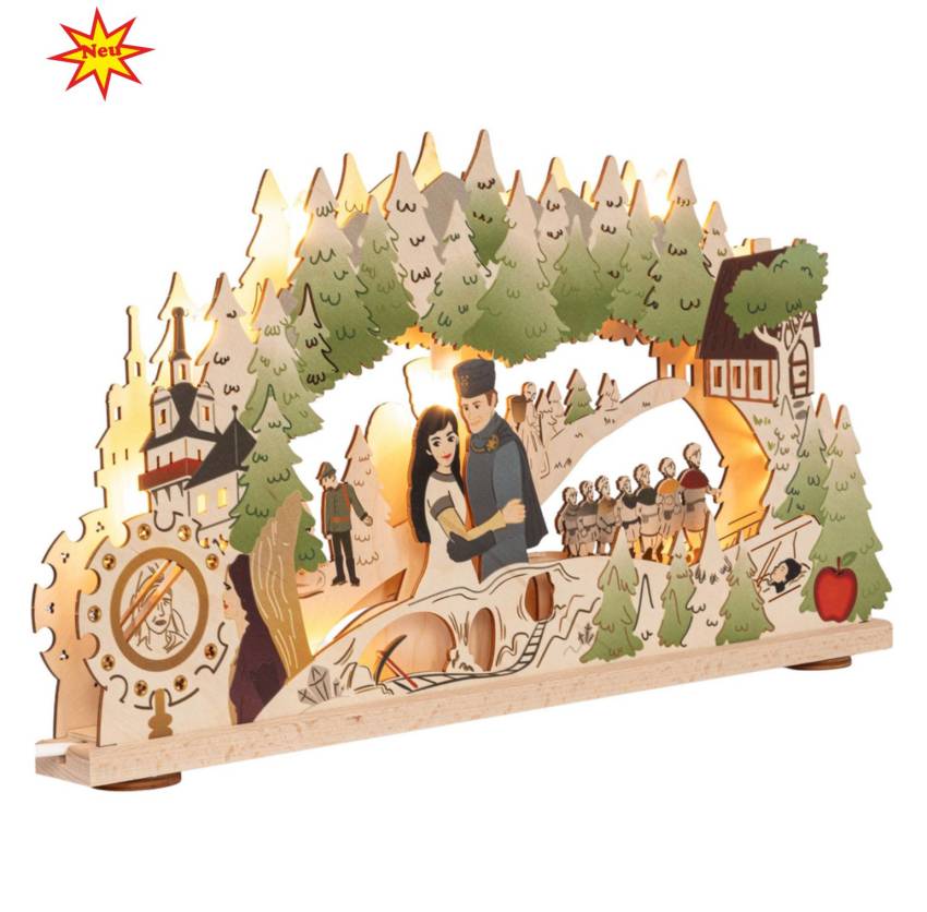 Holz-Schwibbogen Schneewittchen bunt bemalt mit warmweißem LED-Licht für Weihnachtsdeko