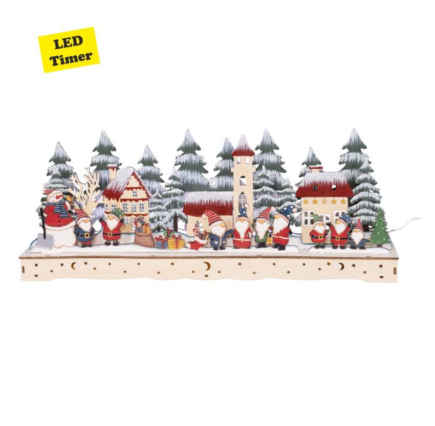 LED-Diorama „Wichtelhausen“ mit farbenfrohen Wichtelfiguren, verschneiten Häusern und Tannenbäumen auf hellem Holzsockel.