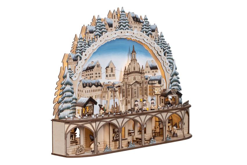 frauenkirche-schwibbogen-Lichterbogen-Dresden-mit-bewegter-Pyramide--beleuchtetem-sockel-led beleuchtet innen