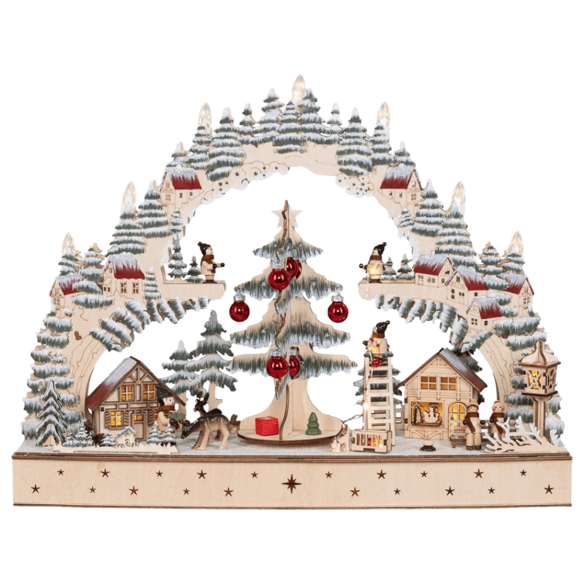 „LED-Lichterbogen Weihnachtsidylle im Dorf mit drehbarem Weihnachtsbaum, roten Glaskugeln und filigraner Holzkunst“