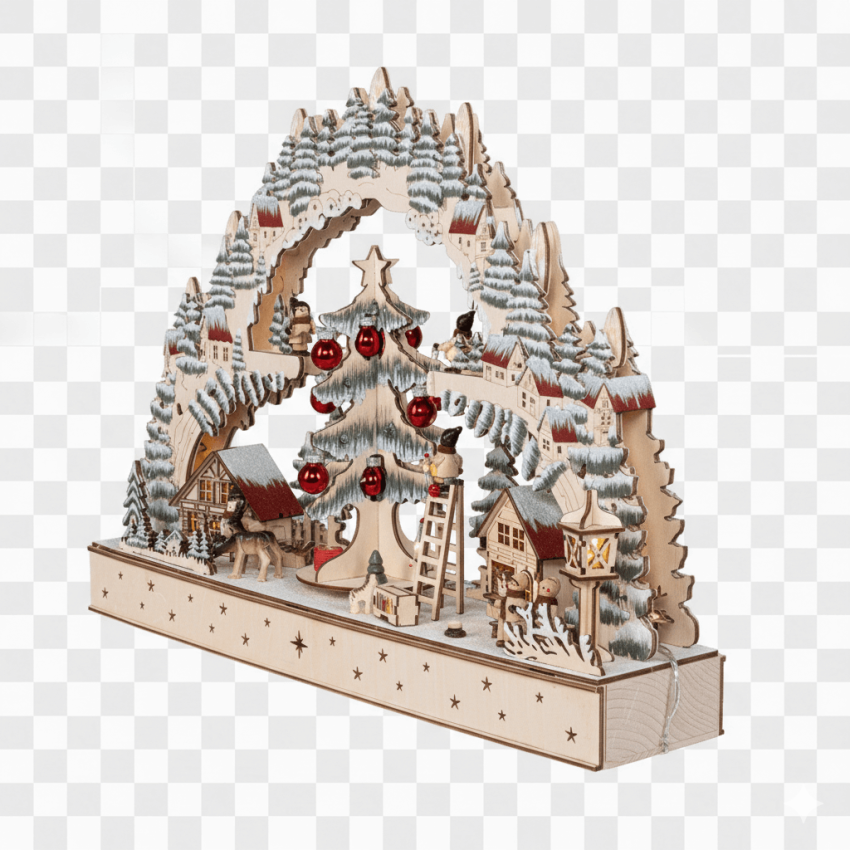 „Detailaufnahme des drehbaren Weihnachtsbaums mit roten Glaskugeln und geschnitzten Miniaturen im LED-Lichterbogen Weihnachtsidylle“