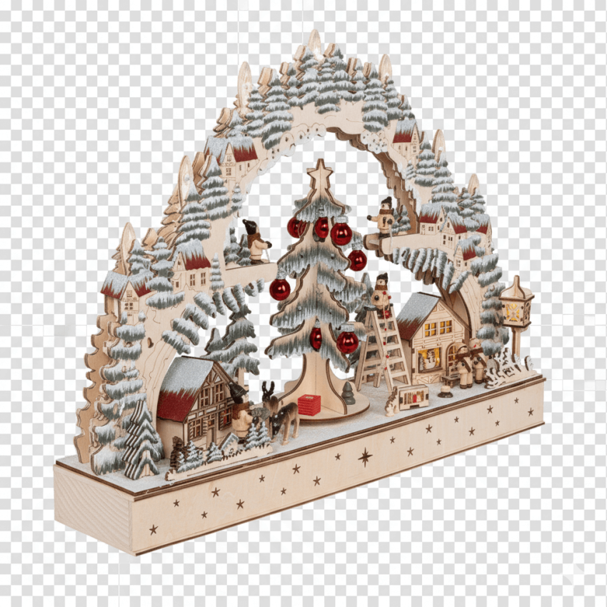 „LED-Lichterbogen Weihnachtsidylle als festliche Dekoration auf Fensterbank mit warmweißer Beleuchtung und handgefertigter Holzszene“