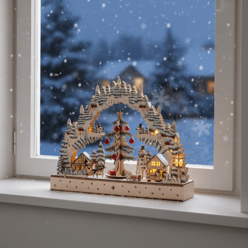 beispielbilder „LED-Lichterbogen Weihnachtsidylle als festliche Dekoration auf Fensterbank mit warmweißer Beleuchtung und handgefertigter Holzszene“