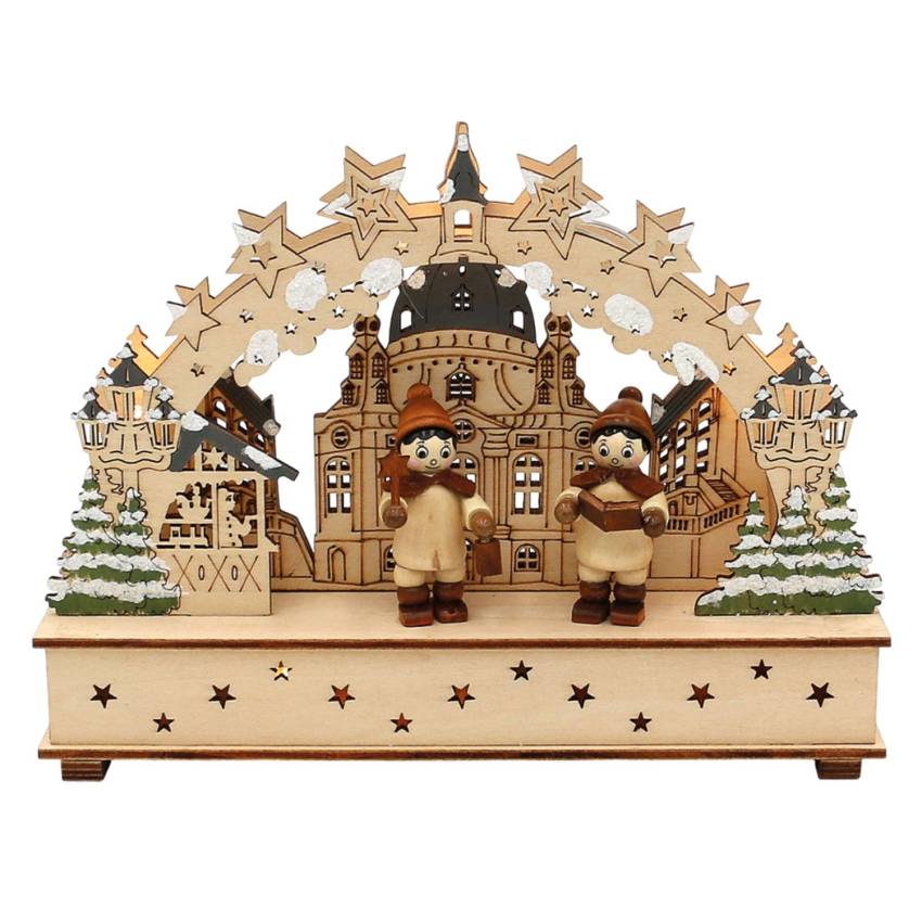 Holz Mini-Schwibbogen "Frauenkirche mit Kurrende Figuren" braun / natur (Laserholz)