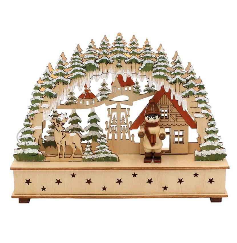 Holz Mini-Schwibbogen "Waldhaus" mit Winterfigur und Dekoelementen (Laserholz)