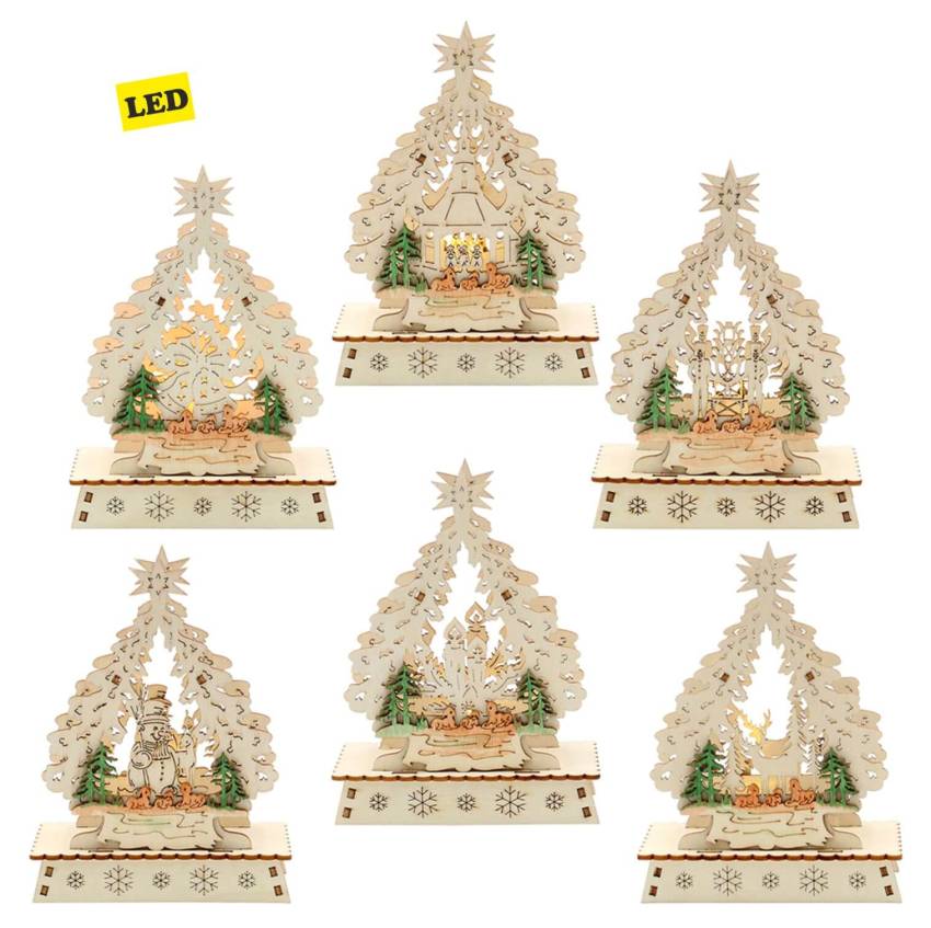 Ein Mini-Schwibbogen "Weihnachtsbaum" mit LED-Beleuchtung, 6-fach sortiert, ideal für Weihnachtsfeier Geschenk oder firmengeschenk zu Weihnachten, ca. 11 x 5 x 14,5 cm, wunderschöne Tannebaumversion mit Glaskugeln.