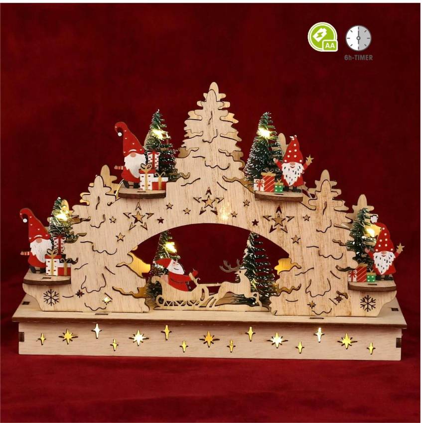 Holz Mini Schwibbogen Weihnachtsmann mit Wichtel oder Hirsche im Wald mit Timer