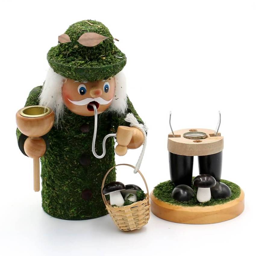 Räucherfigur-Waldmann mit Pilzkorb und Lichterhalter Moosmann