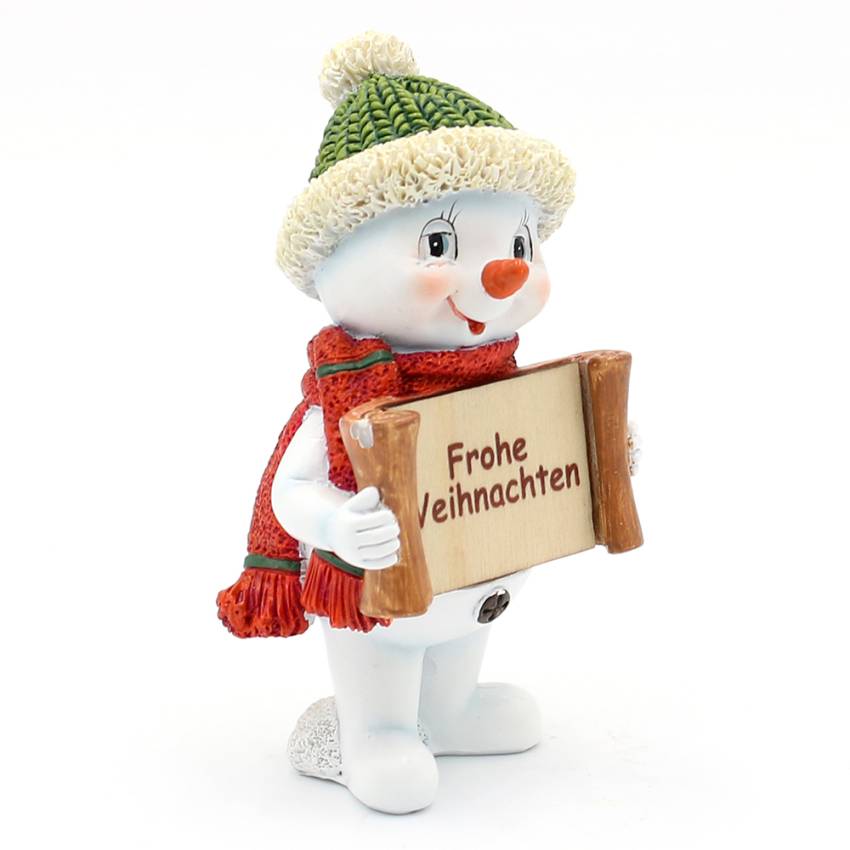 Polyresin-Schneemann Schneekind mit Mütze und Schal in Grün/Rot