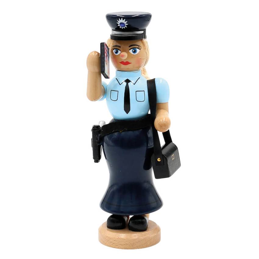 Räucherfrau „Polizistin“ aus Holz mit Uniform und Smartphone